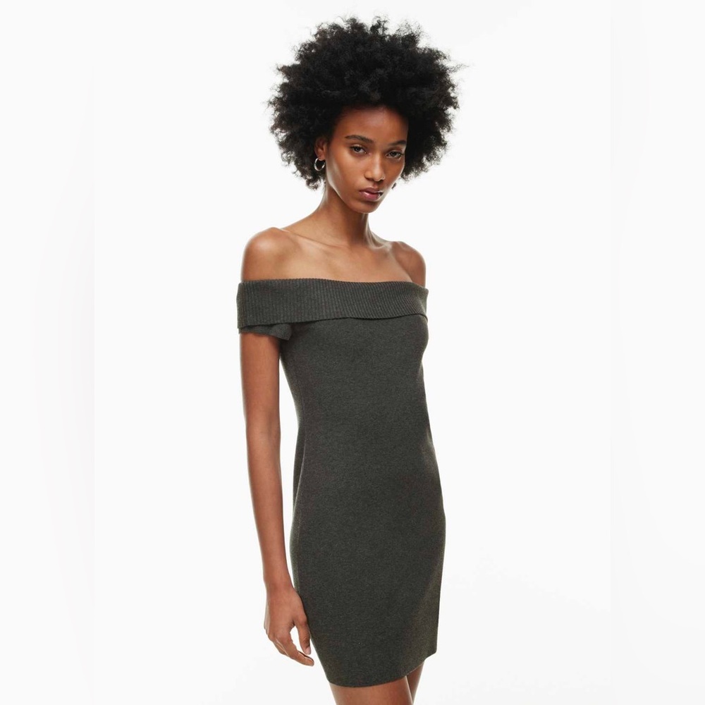Aritzia Sunday Best Firebird Off Shoulder Knit Mini Dress - Charcoal - Medium